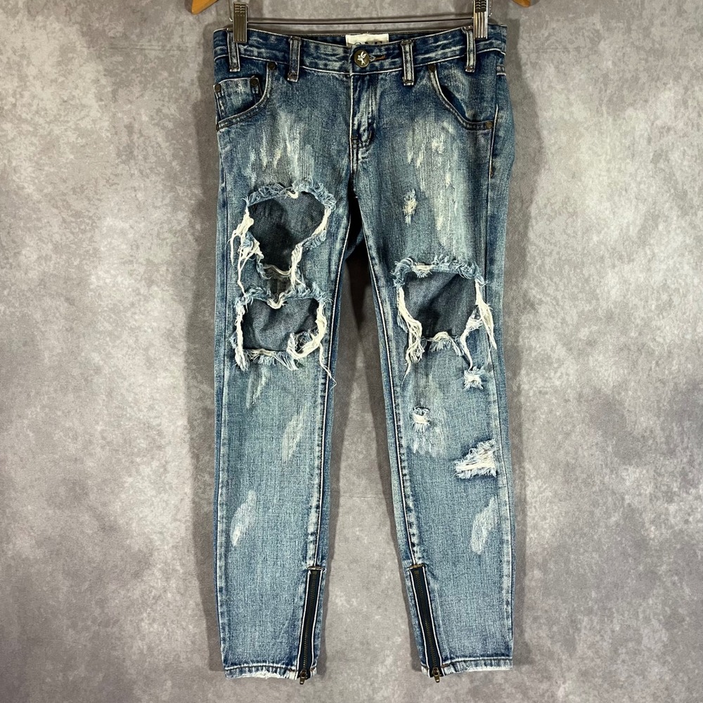 One Teaspoon Freebird Distressedâ Jeans Womens 25 Blue Ankle Zip Low Rise Denim